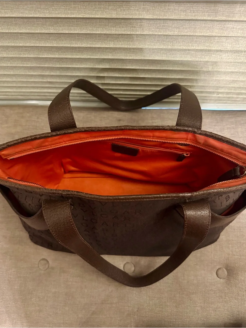 BVLGARI Brown Logo Monogram Tote with Leather Trim